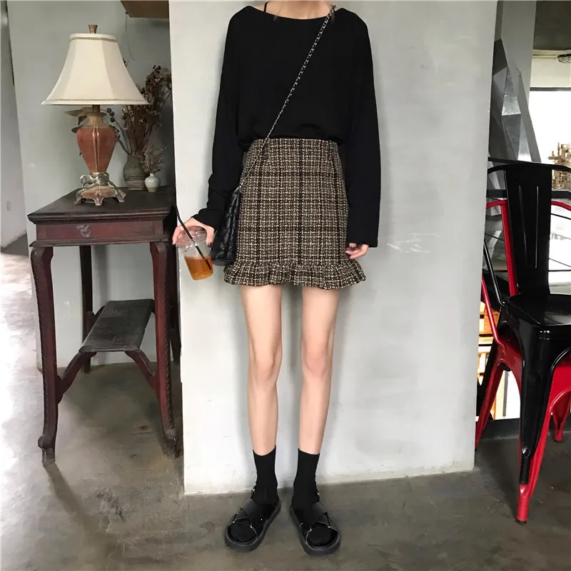 kawaii короткие женские Облегающие юбки высокая Талия Сексуальные вечерние Flada Mujer модные мини гофрированные твидовый в клетку осенние Jupe Femme