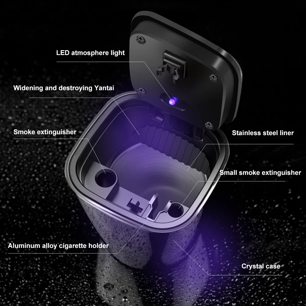 

Smokeless Cigarette Holder Ashtray Trash Can Interior Decoration Car Ashtray with LED Light Push Type Lid Multifunctional