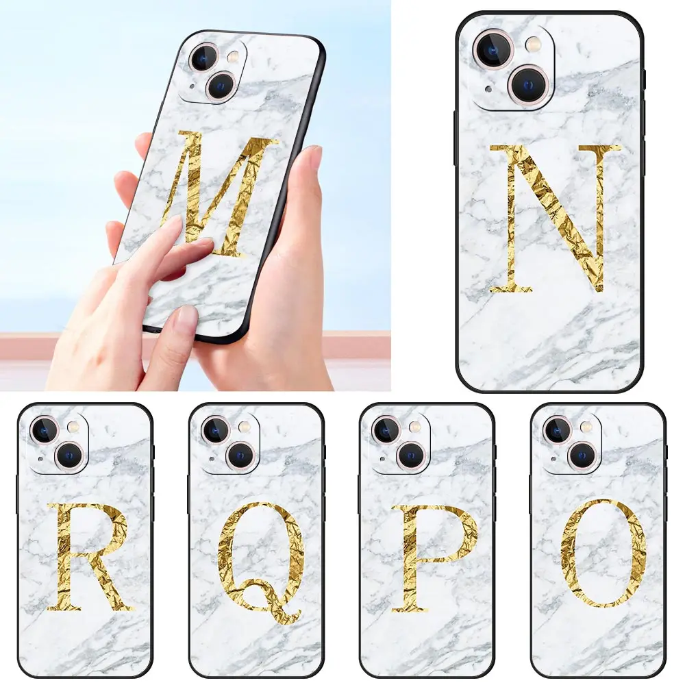 Case For iPhone 13 11 12 Pro XR 7 8 + X XS Max 6 6S Plus 5 5S SE 2020 13Mini Black Phone Coque Letter R S Q White Marble