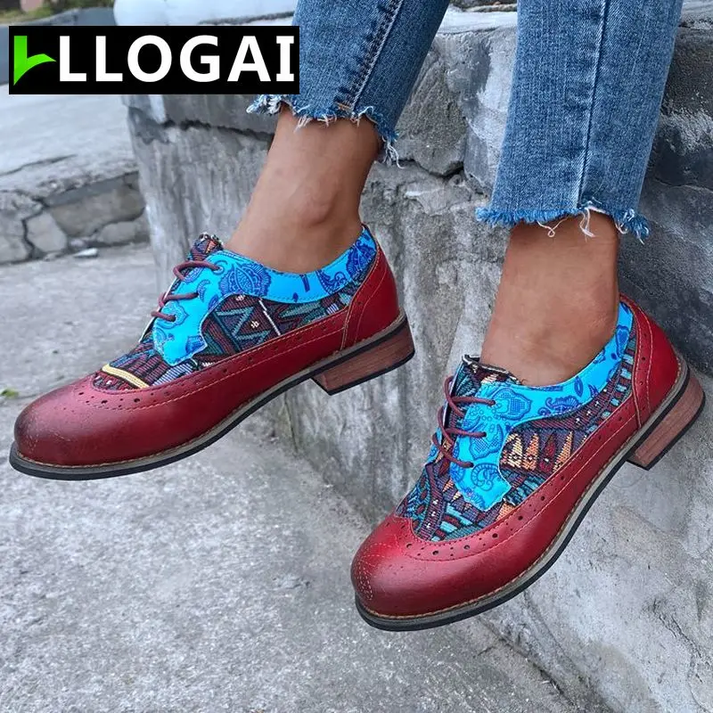 

British Lace Up Brogues Flats Shoes Retro Chaussures Femme Vintage Oxford Shoes for Women Genuine Leather Flat Heel Shoes Woman