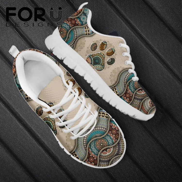 

FORUDESIGNS Tribal Pattern Dog Paw Print Female Shoes Spring Autumn Comfort Women's Flats Shoes Fashion Lace-up Shoes Zapato