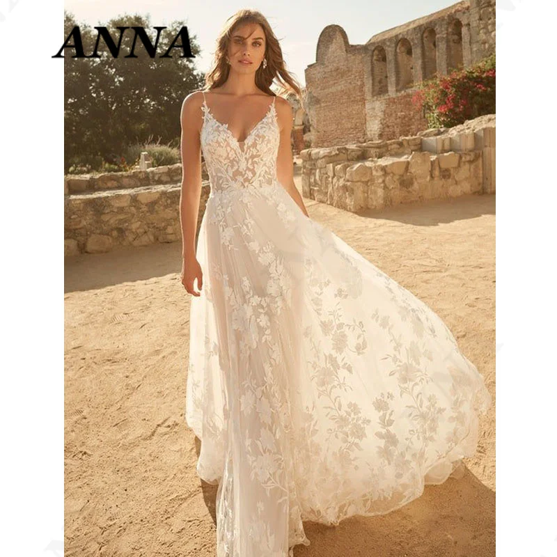 

Anna Beauty Wedding Dress 2021 Simple Spaghetti A-Line Beach Party Gown Elegant Backless Vestido De Noiva Civil Women Skirt