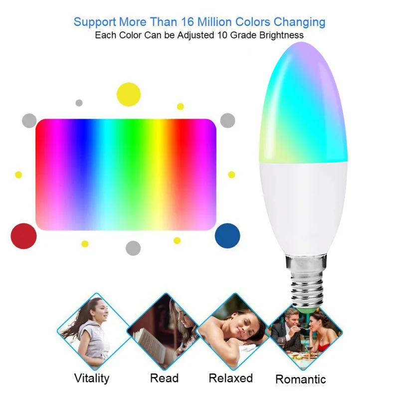 Умный светодиодный E14 канделябр Базовая лампа RGB затемненная разноцветная Свеча