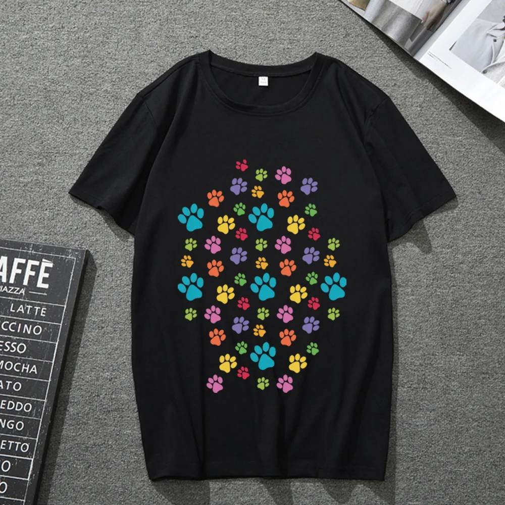 

Ladies T-shirt Summer Fashion Breathable Slim Soft Shirt Kitten Foot Print Pattern Print Series Men's Black Short Sleeve Top
