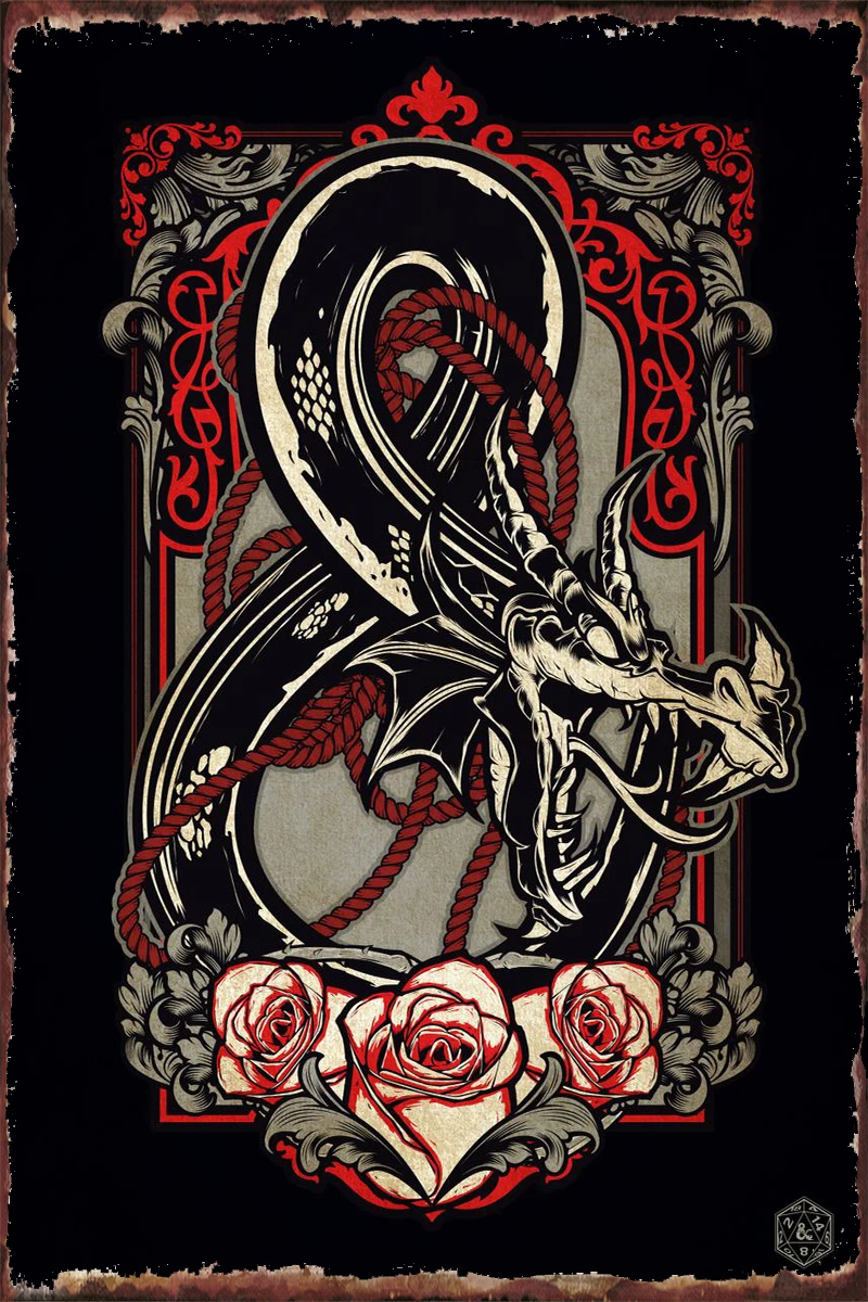 

Оловянная табличка с драконами и n розами, винтажный металлический знак, декор для стен в стиле ретро, для художественного оформления паба, д...