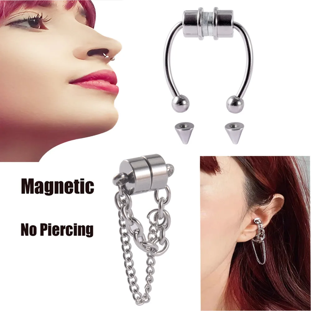 New Design Magnetic Fake Nipple Nose Ring Septum Rock Stainless Steel Magnet Labia Earring No Piercing Jewelry