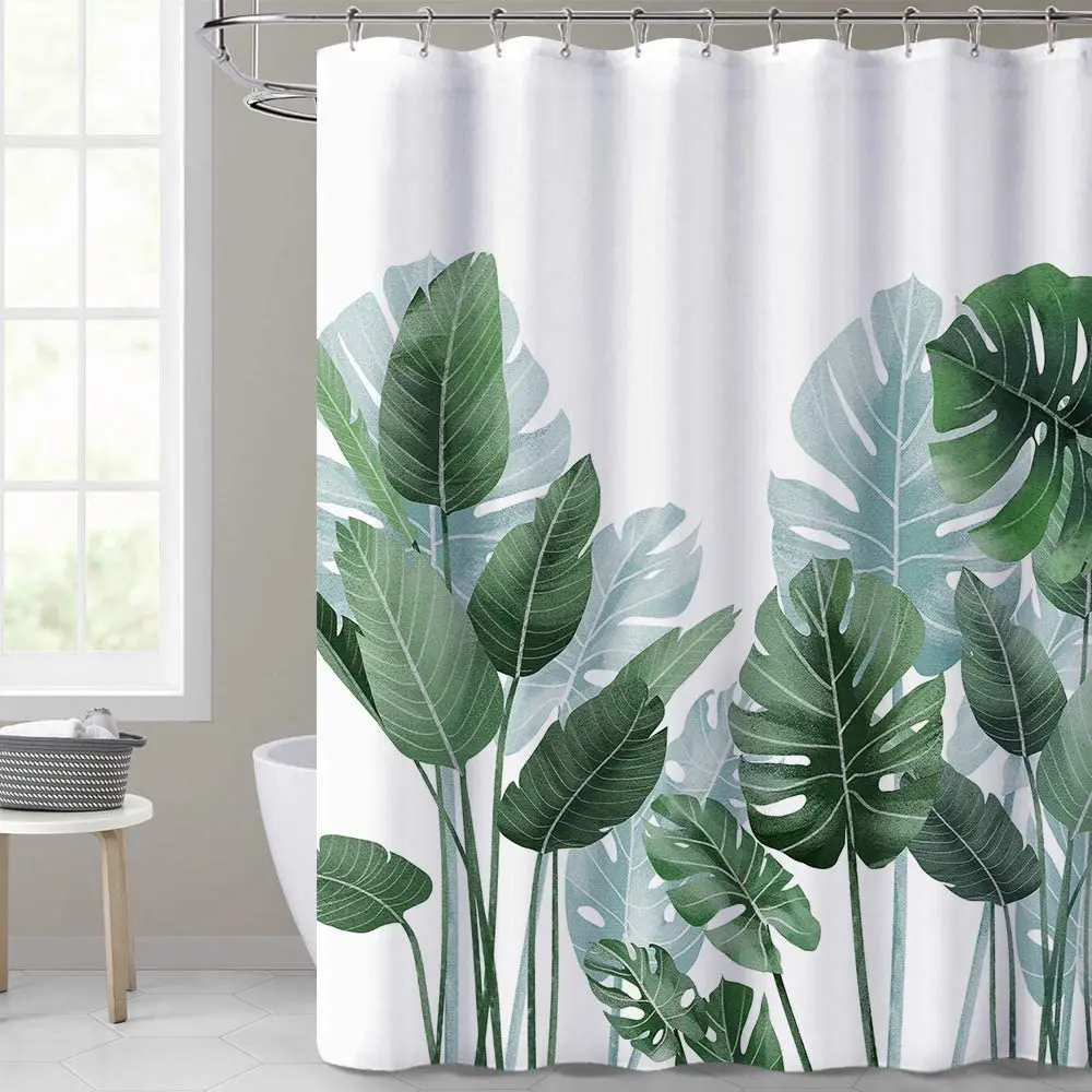 

Shower Curtains for Bathroom Tropical Leaves Plant on White Background Odorless Curtain for Bathroom and Bathtubs With Hooks