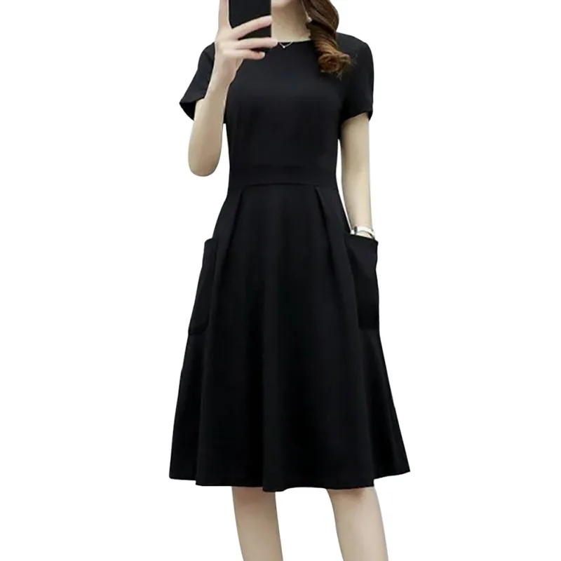 

Fashion Elegant Women Dress O Neck Short Sleeve Button Office Lady Simple Solid Color Dress