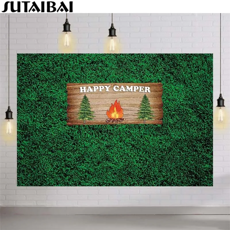 

Happy Camper Birthday Backdrop Kids Adventure Grass Wall Background for Party Decor Camping Newborn Portrait Photoshoot Decor