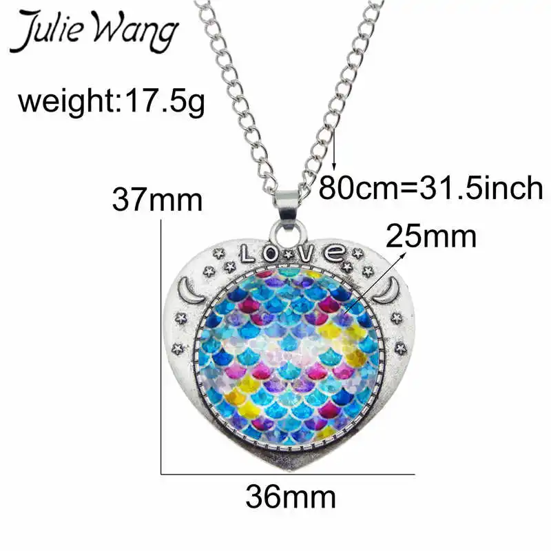 Julie Wang 25mm Glass Mermaid Fish Scale Necklace Women Heart Cabochon Setting Pendant Collar Chain Bohemian Fashion Jewelry | Украшения и