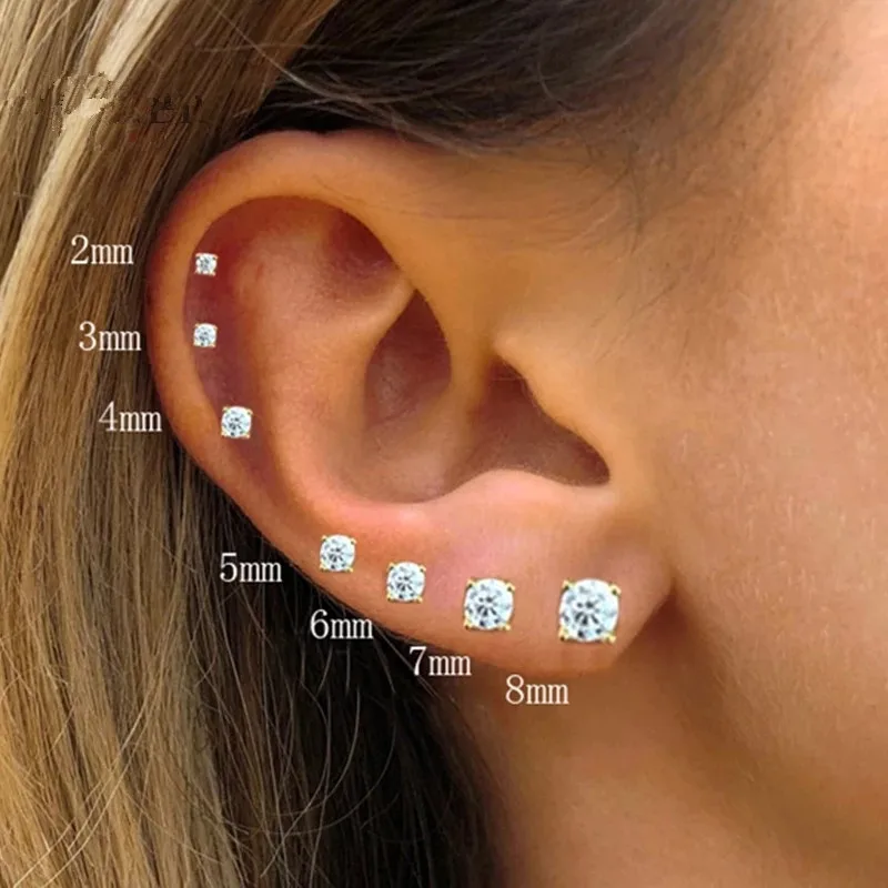 

925 Sterling Silver Zircon Round Bead Ear Piercing Stud Earrings For Women Girls Engagement Wedding Jewelry Gift eh1193