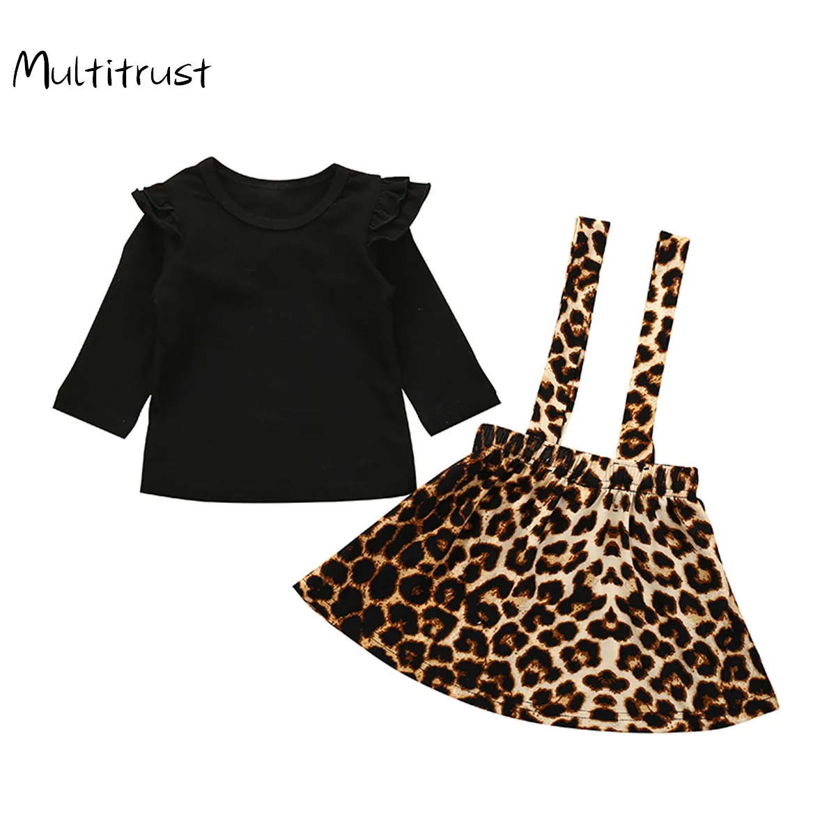 

От 0 до 3 лет осенняя одежда для новорожденных пуловер с длинными рукавами и круглым вырезом и оборками топ + юбка на подтяжках с леопардовым ...