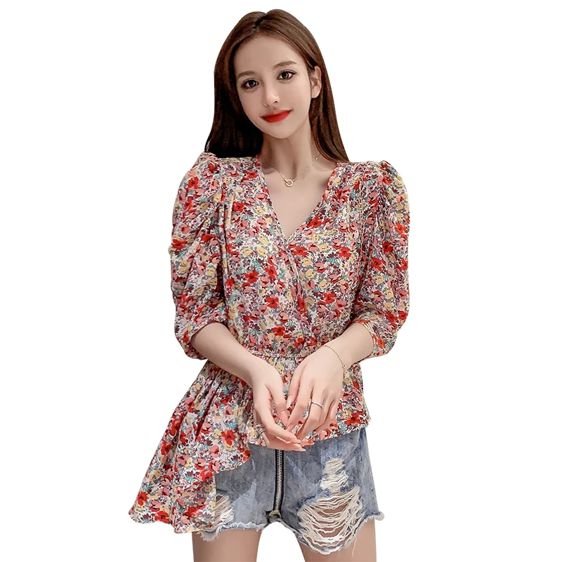 Женская шифоновая блузка COIGARSAM фиолетовая и красная с коротким рукавом в