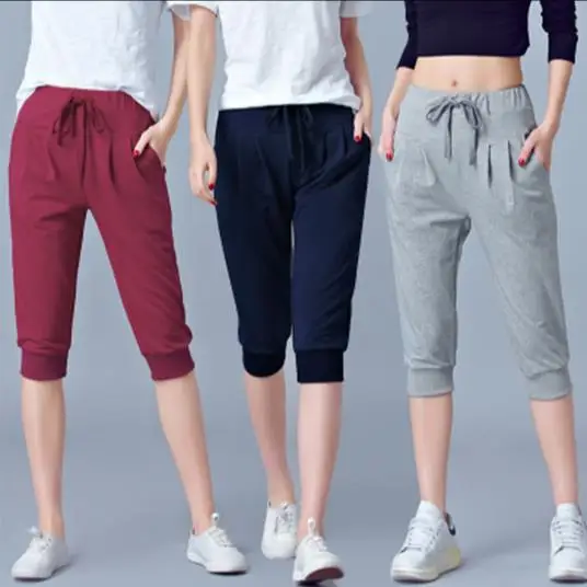 Женские летние Стрейчевые штаны с высокой талией укороченные штаны-шаровары