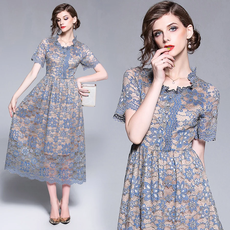 2021 в винтажном стиле Хай стрит Голубое Кружевное сексуальное миди платья осень