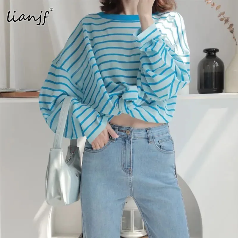 

Sweet O-neck Classic Sexy Striped Long Sleeve Short Slim Streetwear Fashion Soft Breathable Thin Leisure All-match Sunscreen Tee
