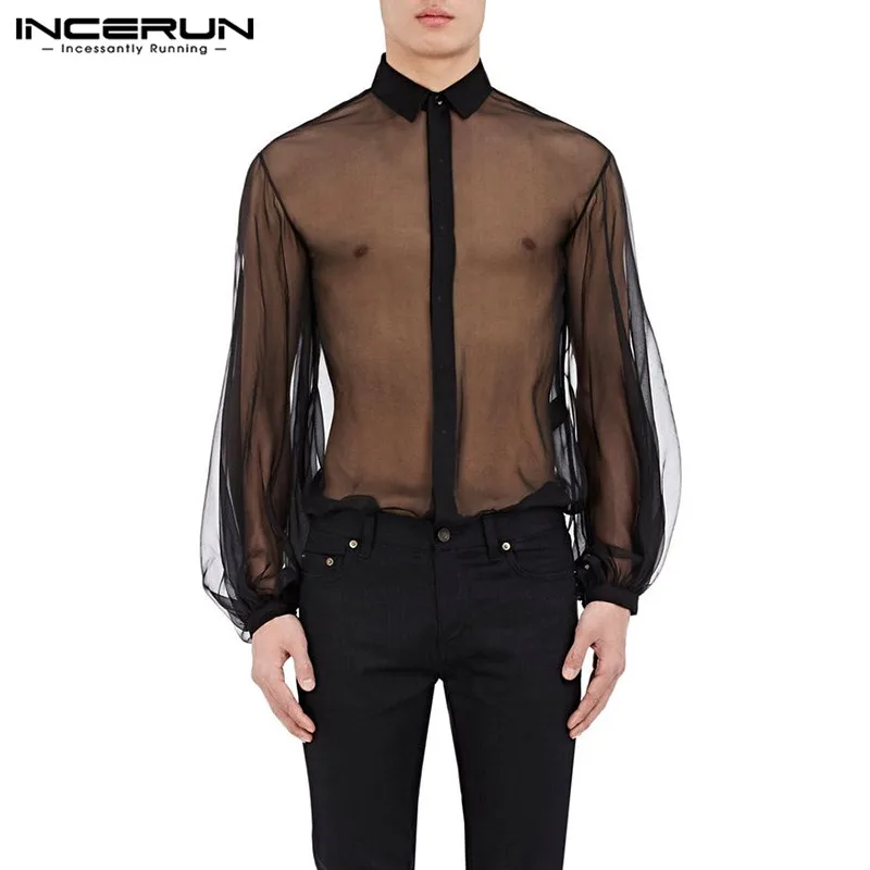 INCERUN Men Mesh Shirt Transparent Long Sleeve Lapel Collar Sexy Party Nightclub Fashion Blouse Streetwear 2022 Camisa Masculina