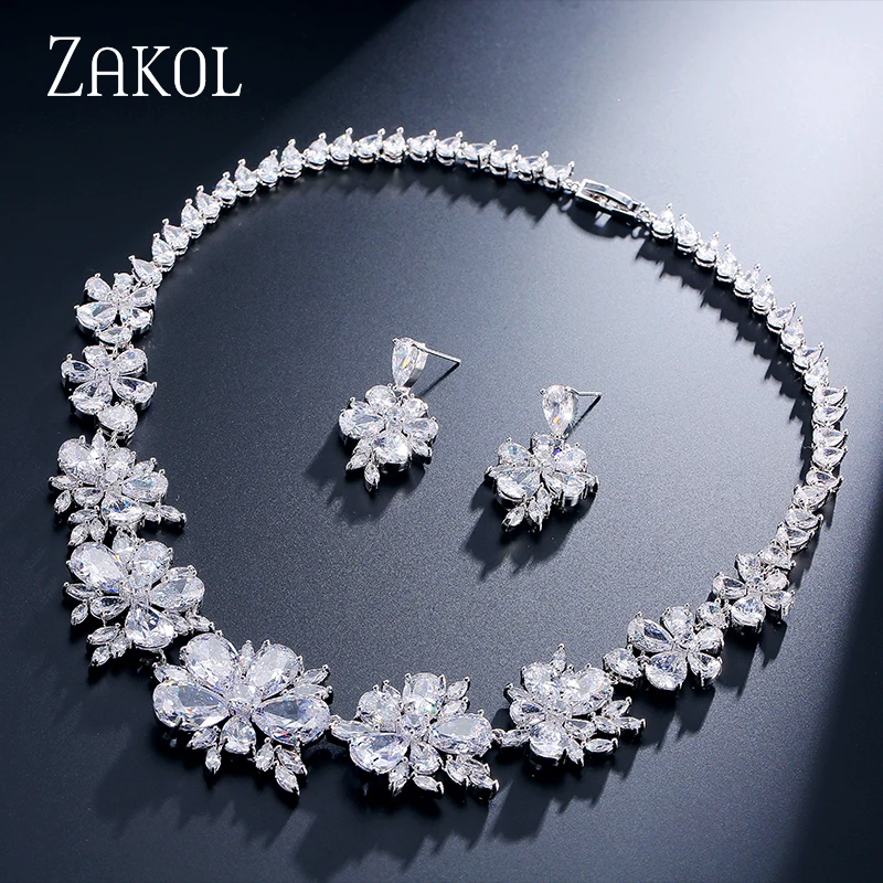White ZAKOL белый цвет для женщин роскошные темно синий зеленый Маркиза Форма цветок циркон Свадебный комплект ювелирных изделий FSSP049 - Окраска металла: White