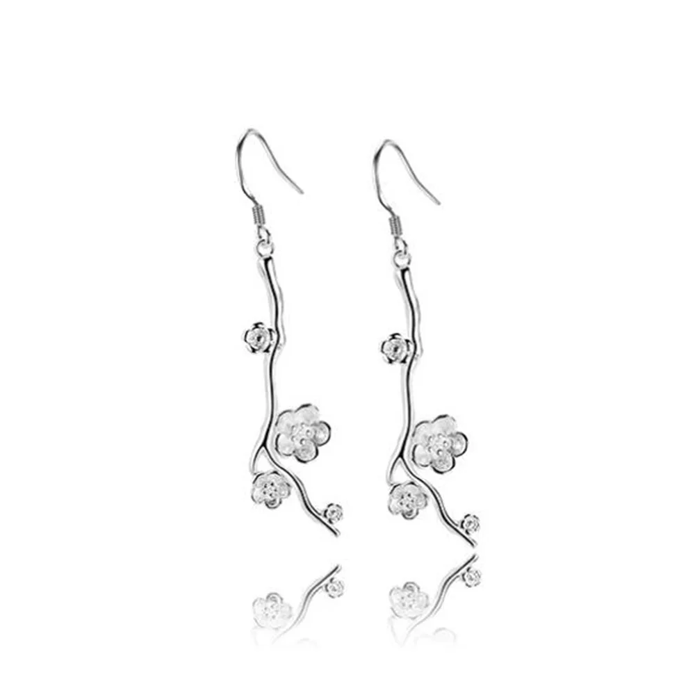 

Women Vintage Plum Blossom Stud Earrings Wintersweet Silver Earring Flower Tree Branch Long Earrings Jewelry Party Gift