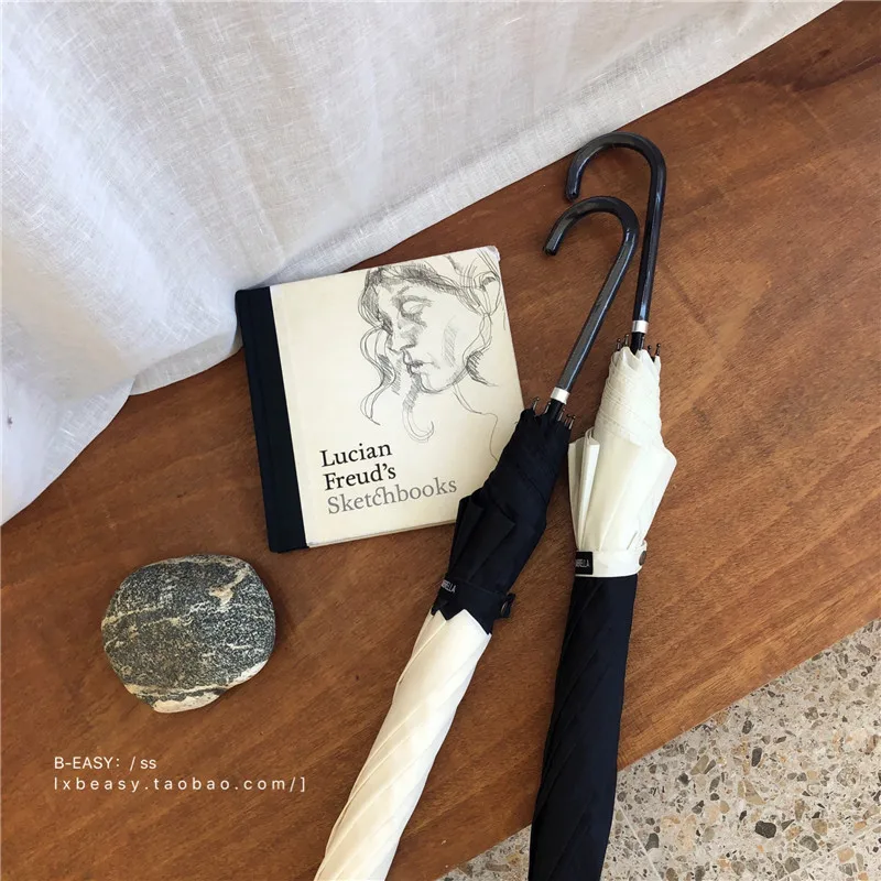 

Корейский простой и эстетический однотонный зонт в стиле Хепберн с длинной ручкой автоматический зонт с защитой от ветра и ультрафиолета