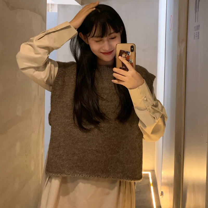 3 colors 2019 autumn and winter preppy style sleeveless vest sweater side split solid color knitted womens (C9346) |