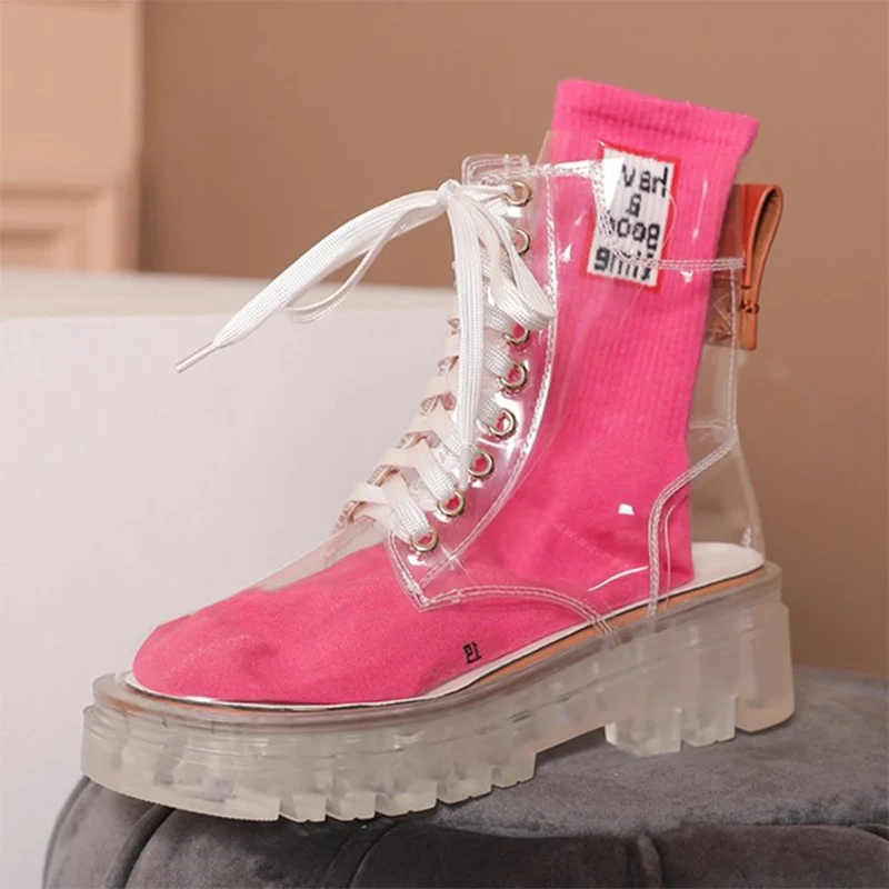 Женские Прозрачные ботинки на платформе из искусственной кожи шнуровке