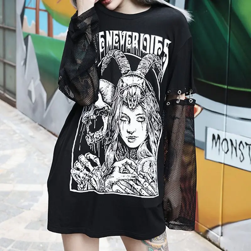 Футболка с принтом букв Таро женские готические черные панк топы в готическом