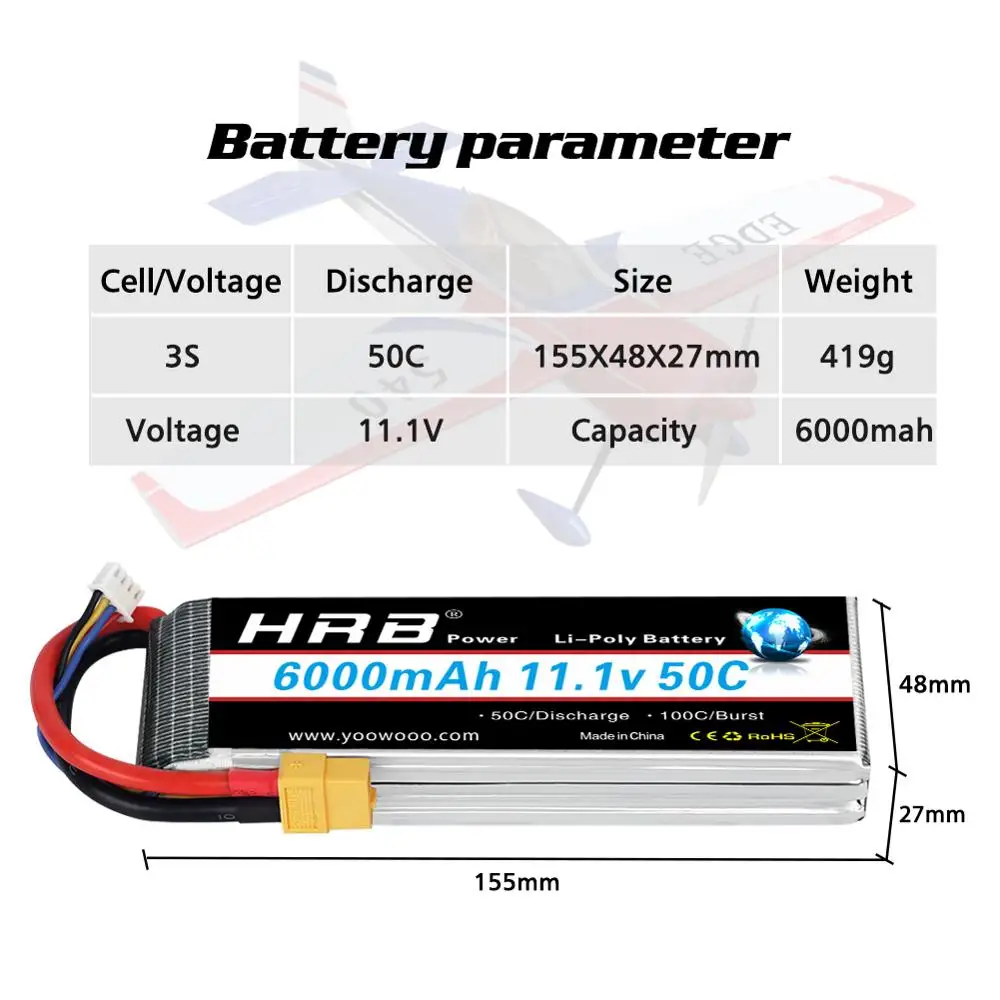 HRB 3S Lipo батарея 11 1 V 6000mah 50C с штепсельной вилкой XT60 для Traxxass автомобиля осевой scx 10