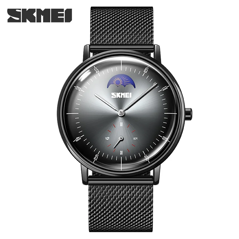

SKMEI Mesh Belt Quartz Watch Fashion Men's Watches Waterproof Moon Phase Wristwatches Simple Design Clock Relogio Masculino