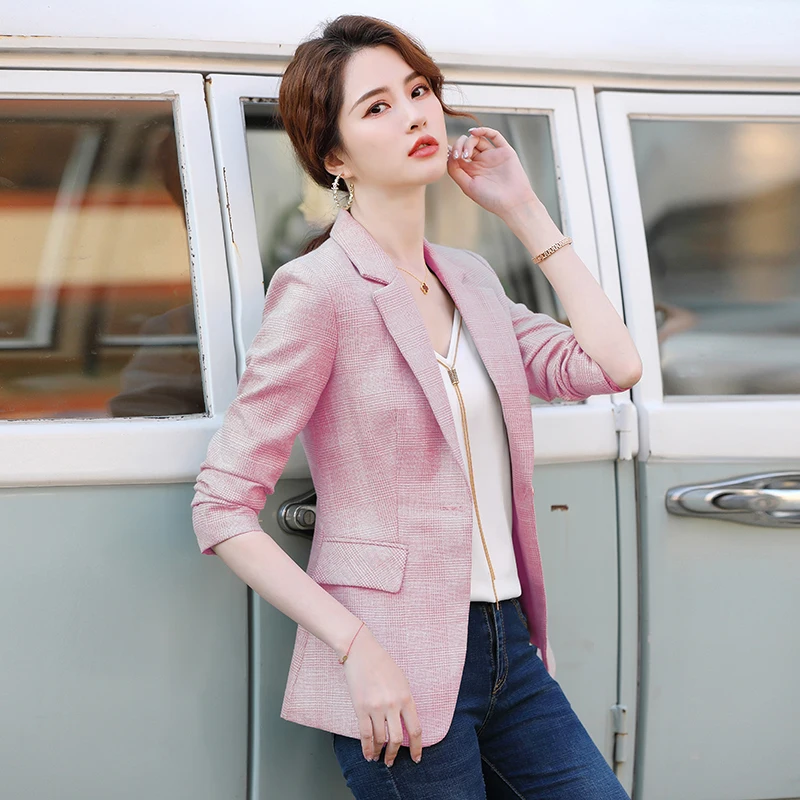 Women Elegant Plaid Jacket Long Sleeve Girl Blazer Fashion Work Wear Keep Slim Office Lady Coat Outwear Single Button Tops