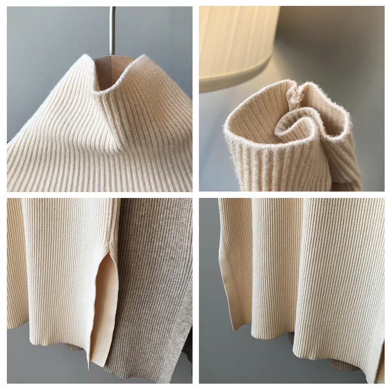 Женское платье-свитер с высоким воротником средней длины однотонное модное