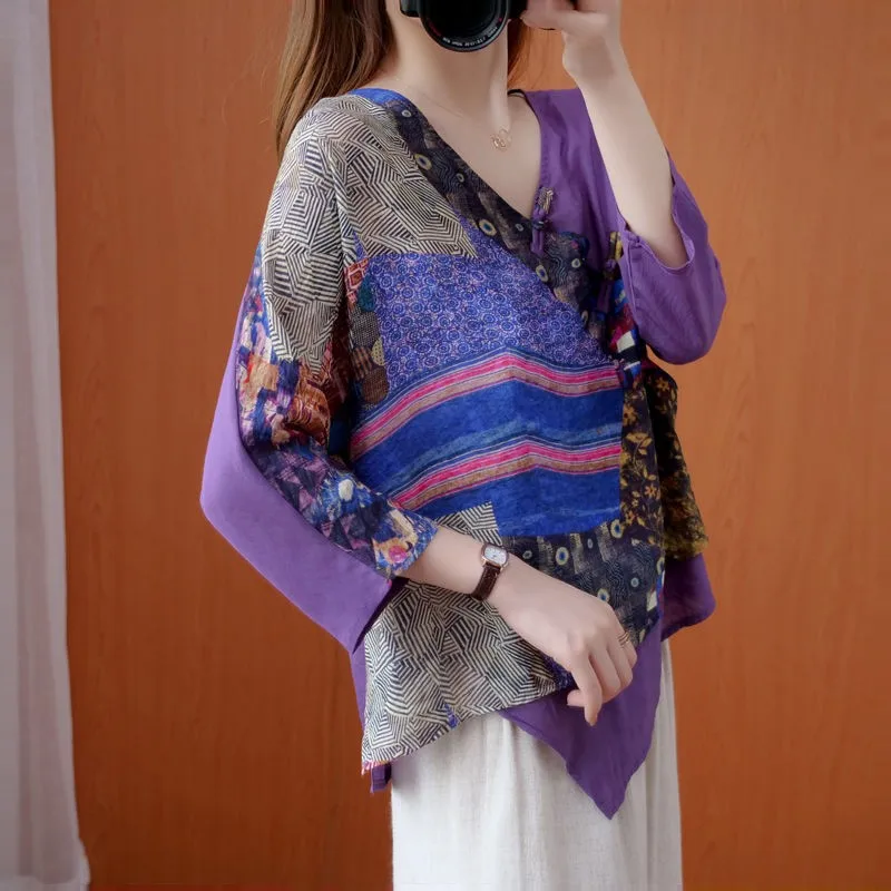 

Oversized Cotton Linen Shirt Women New 2020 Summer Vintage Print V-neck Irregular Loose Comfortable Female Tops Shirts P1353