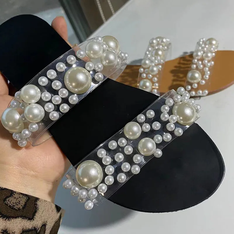 

2021 Women Bohemian Pearl Slippers Flat Bottom Sandals Summer Open Toe Ladies Shoes Crystal Flip Flops Shoes Chaussure Femme