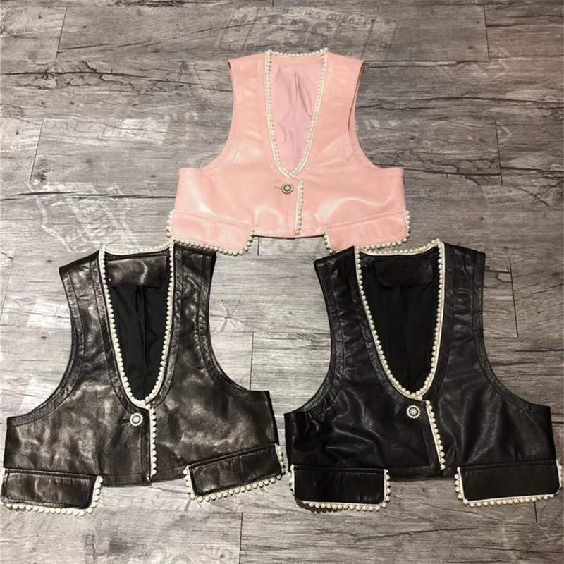 Sheepskin leather vest women's V-neck sleeveless leather jacket 2022 short paragraph Small fragrance vest pearl waistcoat