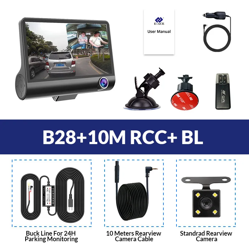 E-ACE Dashcam B28 DVR 4,0 дюймов Автомобильная камера 1080P Авто рекордер FHD видеорегистратор ночного видения автомобильные видеорегистраторы 3 объектива камеры видео регистратор - Название цвета: B28-10M RCC-BL