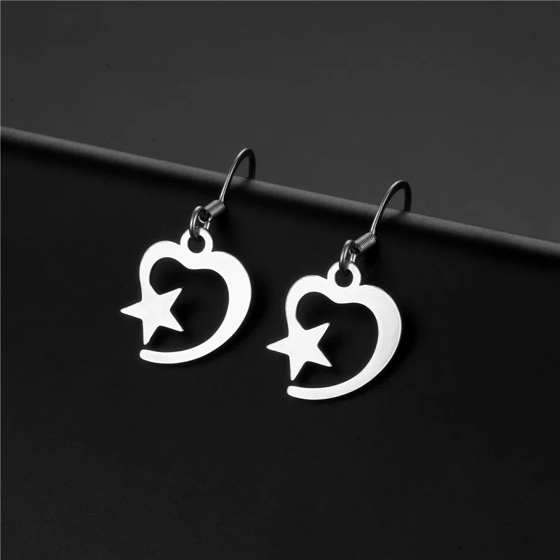 Delicate High Quality Silver Color Hollow Heart Star Hook Earrings Jewelry Stainless Steel Pentagram Drop for Women | Украшения и
