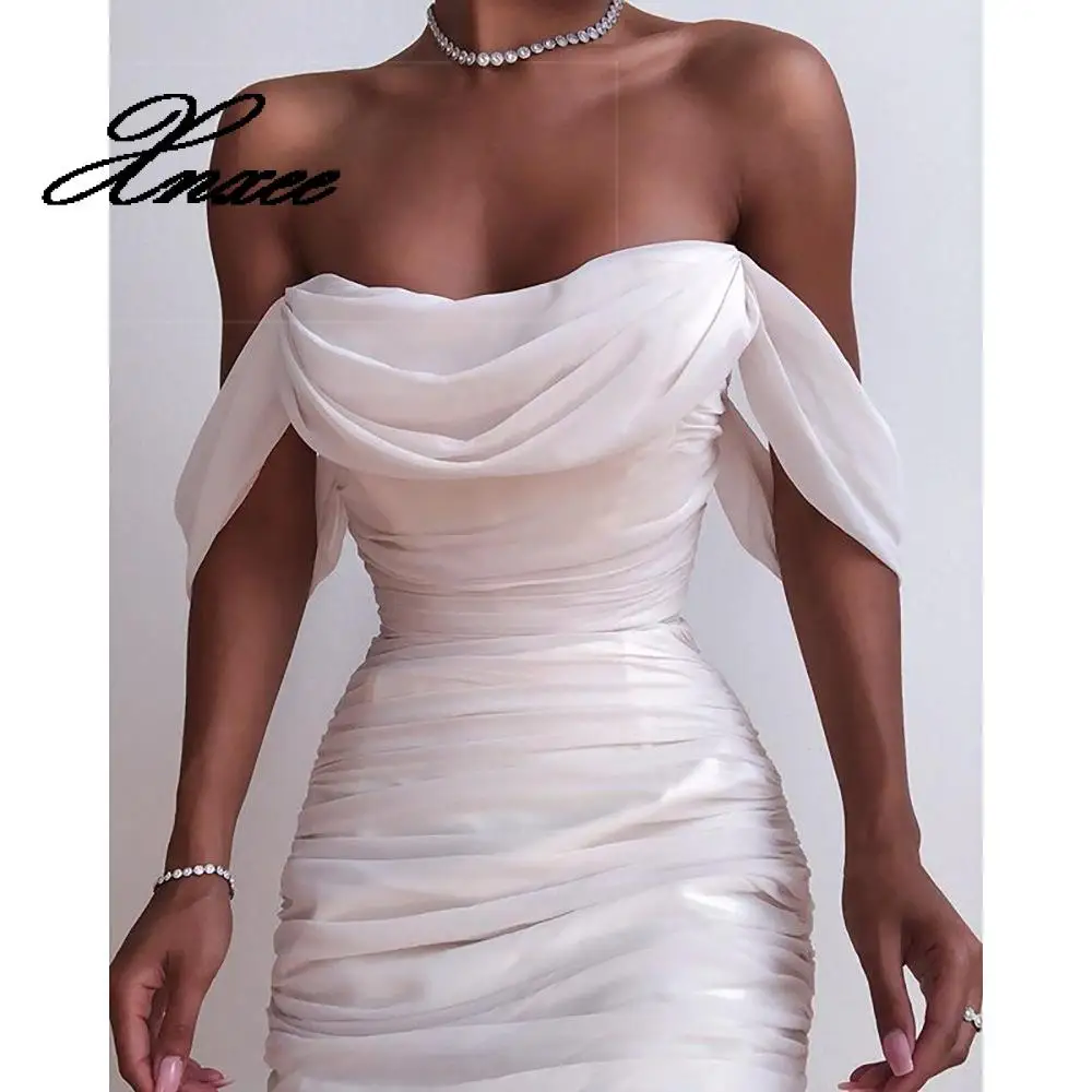 2020 осень с открытыми плечами из ткани в складку белый облегающее женское платье