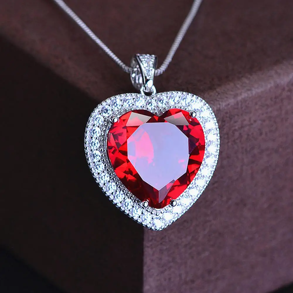 

Classical love heart red crystal ruby gemstones diamonds pendant necklaces for women white gold silver color jewelry bijoux gift
