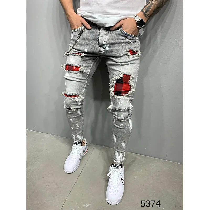 Hole ripped jeans men Slim Fit Skinny jeans Hip hop fashion Streetwear patchwork jeans Elasticity Gothic pants men