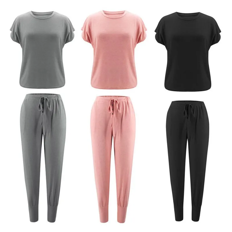 

2021 Women's Round Neck Casual Short Sleeve Suit Solid Color Elastic Waist Drawstring Pocket Casual Suit