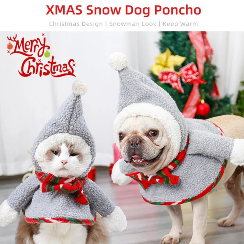 

Рождественская нарядная одежда для собак с капюшоном для кошек и собак, костюмы на Хэллоуин, Новогодняя одежда, меховой мяч для щенков, снег...