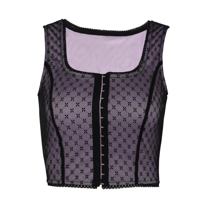 

Sexy Mesh Polka Dot print breasted Slash Neck crop top 2020 Summer Women Sleeveless Camisole Top Female Streetwear Tshirt