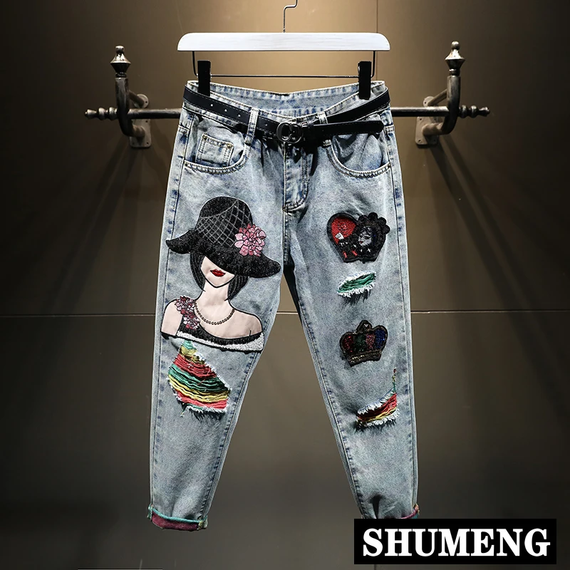 Джинсовые брюки 2020 Лето Осень вышитые радужные Мультяшные джинсовые корейский