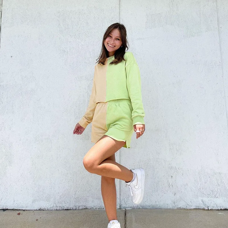 

Fall Cotton Splicing Casual Long-Sleeve Round Neck T-Shirt Top and Short Loose Sportswear High Waist Bag Hip Shorts Women Sets
