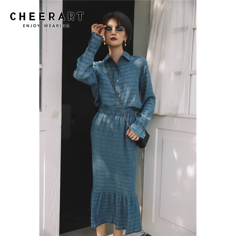 CHEERART синяя рубашка с длинным рукавом и пуговицами женская блузка топы в полоску
