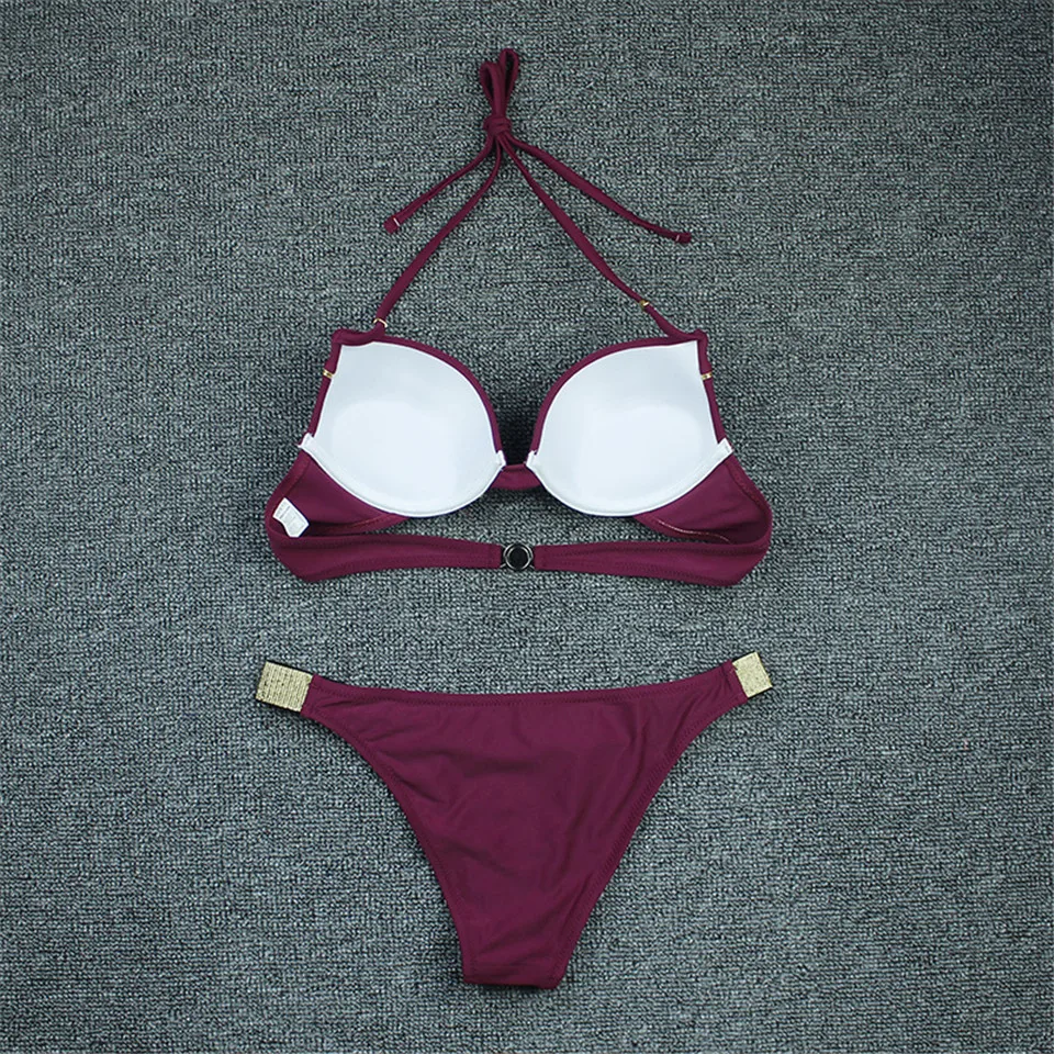 

Sexy Push Up Bikini Solid Swimwear Women Gilded Swimsuit Bathing Suit Women Halter Biquini Plus Size Swimwear XL White Bikini