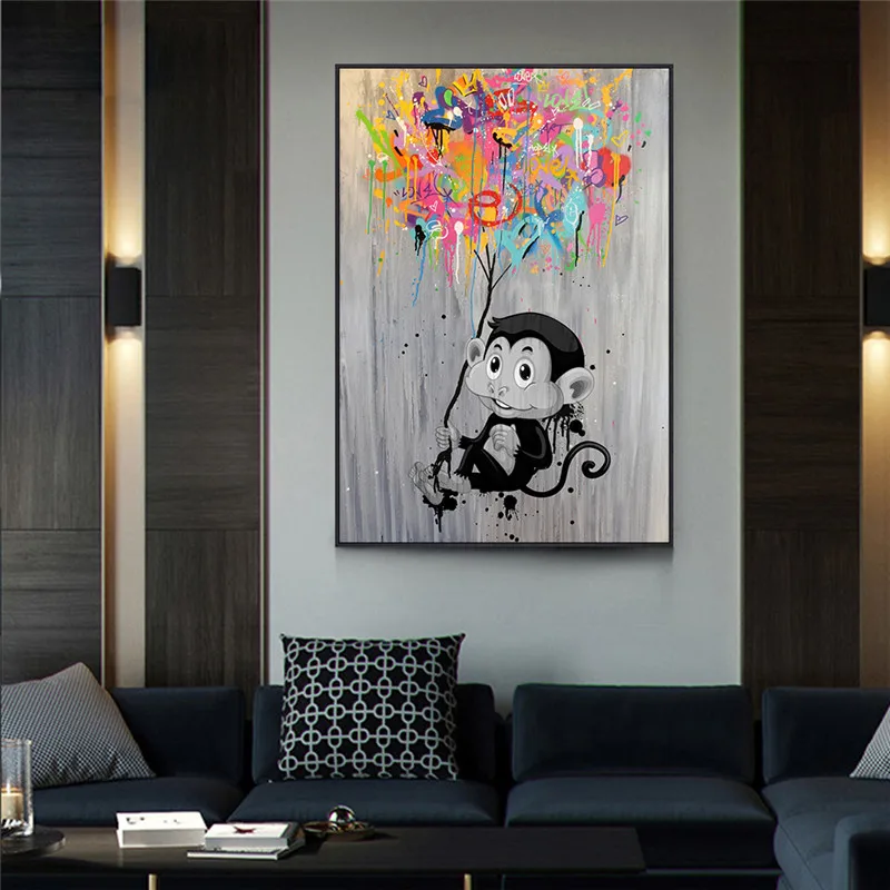 

Graffiti Monkey Balloon Canvas Prints Painting Abstract Wall Art Animal Poster Decorative Picture for Room Home Decor Cuadros