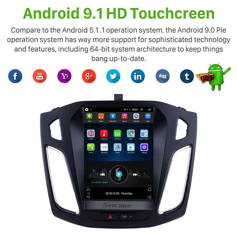 Seicane android 9,1 gps Автомобильный мультимедийный плеер Автомобильный Радио для Ford Focus 2012 2013- Поддержка wifi OBD2 камера заднего вида 2din