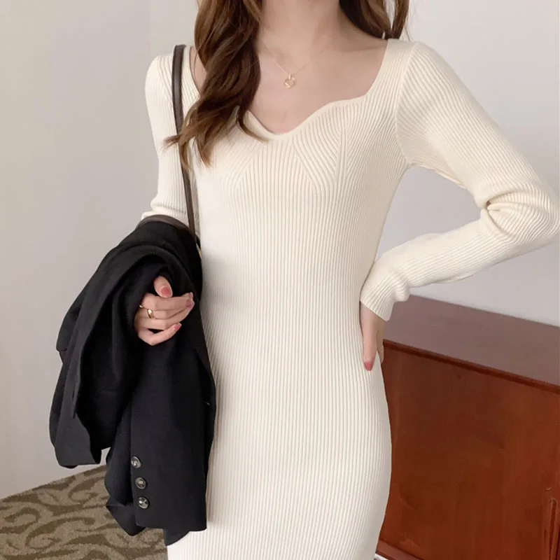 Осень-зима 2021 вязаное платье-свитер женские платья с V-образным вырезом Женские