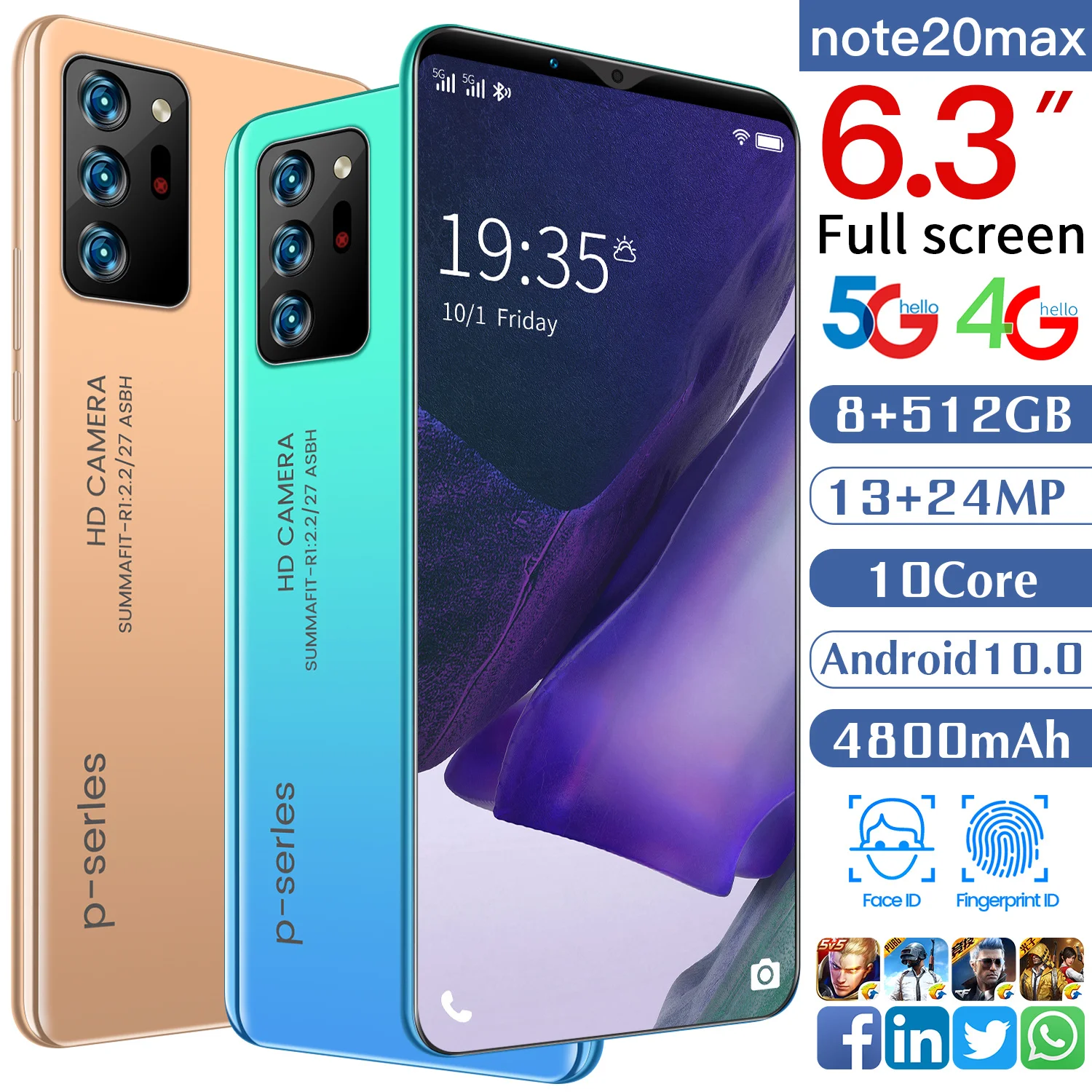 

Note20 max 8+512GB MT6799 Smartphone Android Push-button Phone Dual SIM Multiple Languages Ultra-thin Unlocked Cell Phones